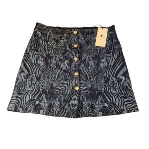 7 FOR ALL MANKIND Women 32 Zebra Print Skirt Mini Button Front Denim Blue Jean